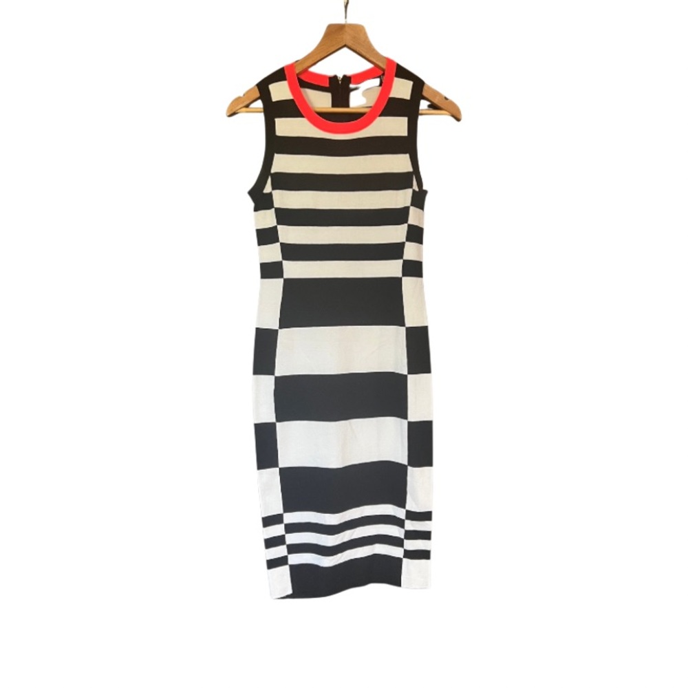 Karen Millen Black and White Striped Midi Dress with Red Accent